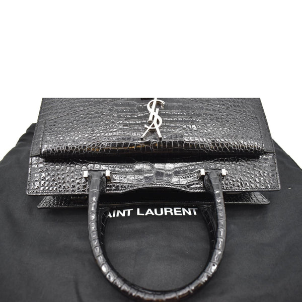 YVES SAINT LAURENT Uptown Crocodile Calfskin Embossed Tote Bag Black