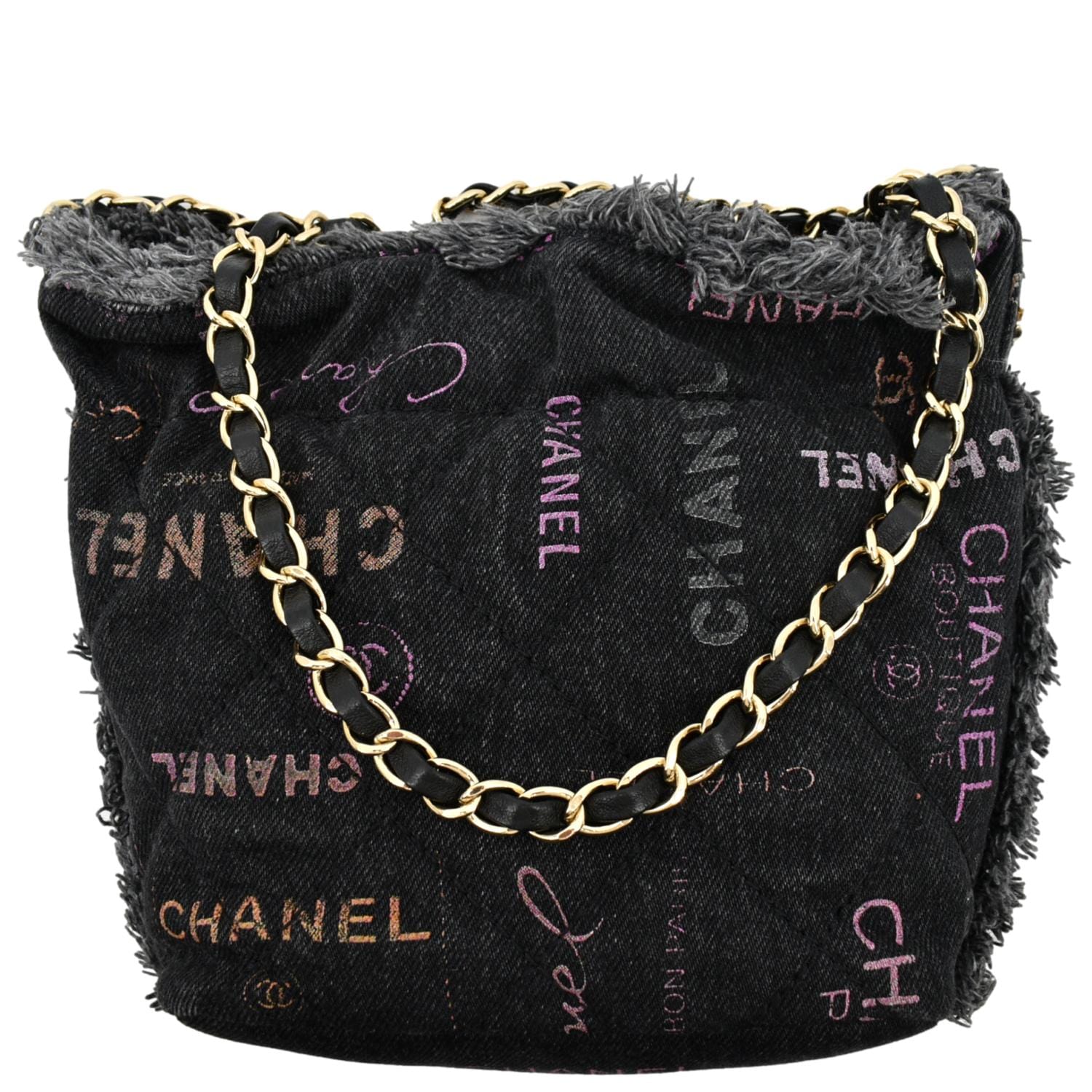 CHANEL Denim Mood Logo Printed Quilted Fringe Denim Chain Bucket Bag B
