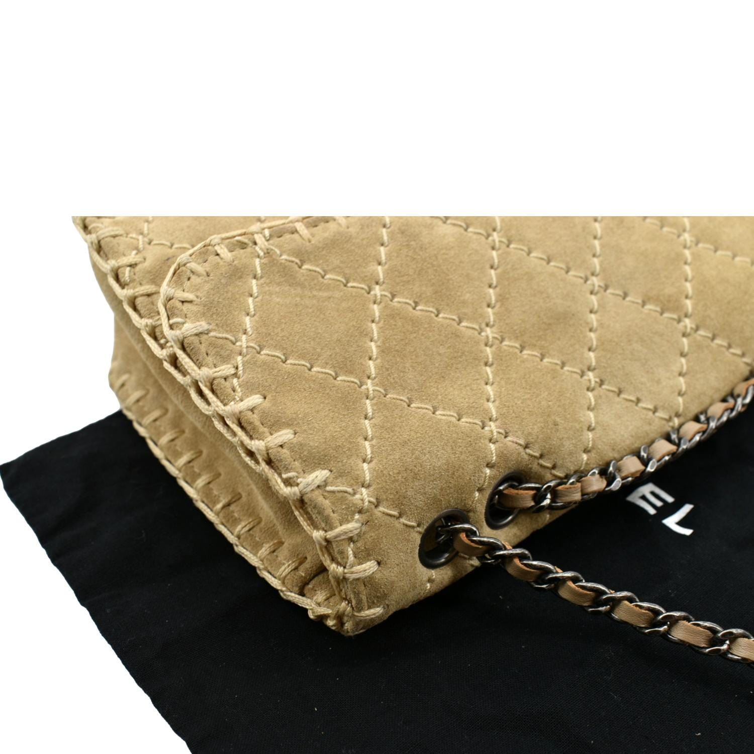 Chanel Classic Flap Beige Quilted Suede Whipstitch Small Shoulder