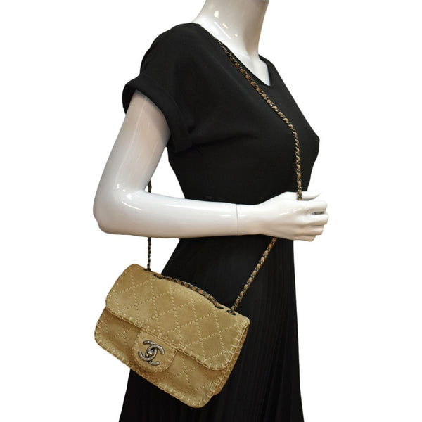 Chanel Whipstitch Small Flap Suede Shoulder Bag Beige - Full View