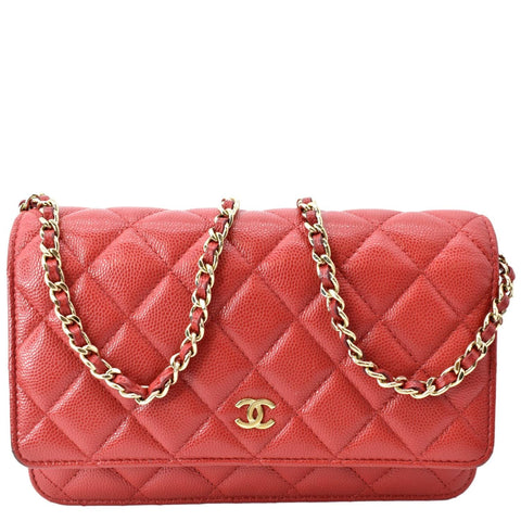CHANEL CC WOC Caviar Leather Wallet On Chain Crossbody Bag Red