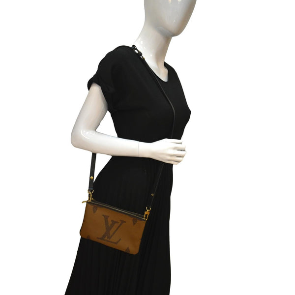 LOUIS VUITTON Double Zip Pochette Reverse Monogram Giant Crossbody Bag Brown