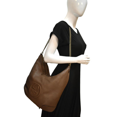 GUCCI Soho Pebbled Calfskin Leather Chain Shoulder Bag Maple Brown 308981