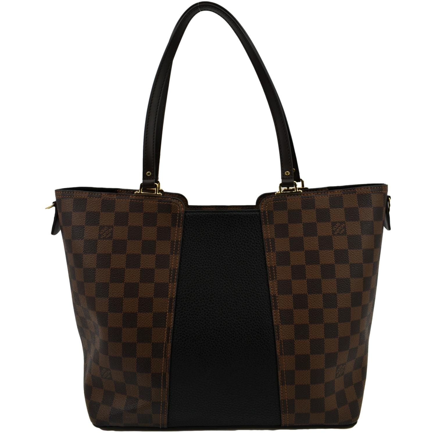 Authentic Louis Vuitton Damier Ebene with Black Leather Jersey Tote Bag