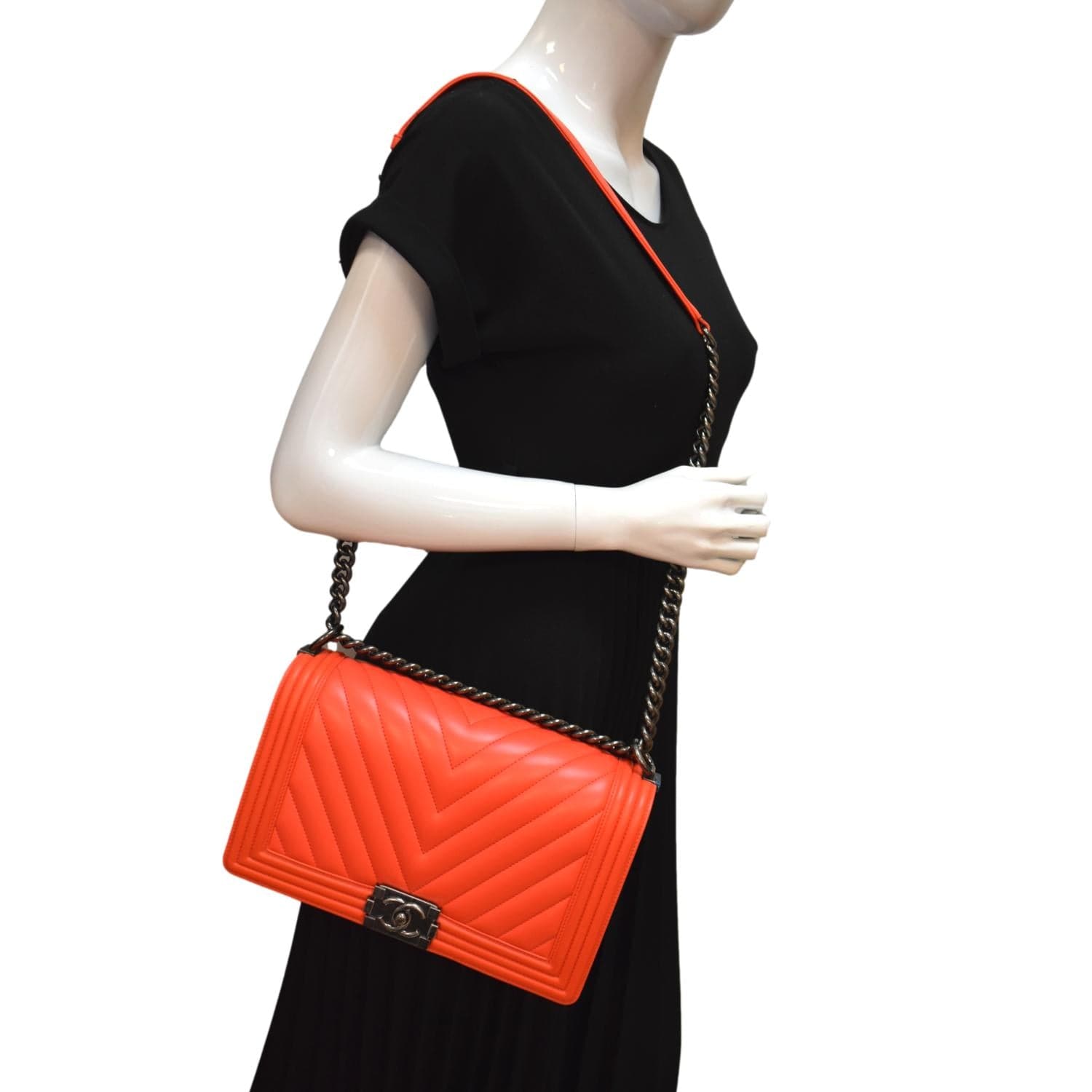 Chanel Medium Boy Flap Chevron Quilted Calfskin Shoulder Bag Red