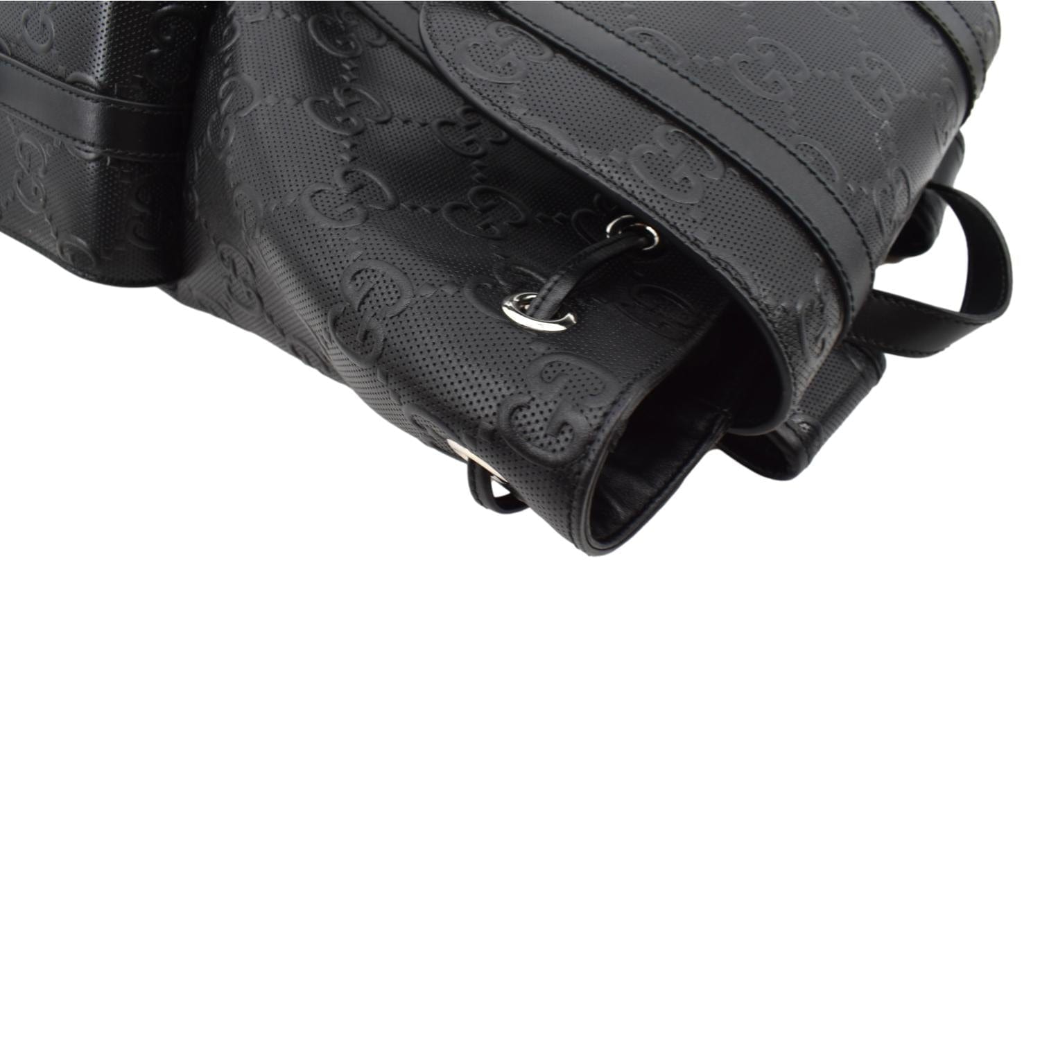 Gucci GG Nylon Daypack with Double G Calfskin Drawstring Embossed Backpack in Gucci GG Embossed Backpack Medium Black in Leather with  main image 3