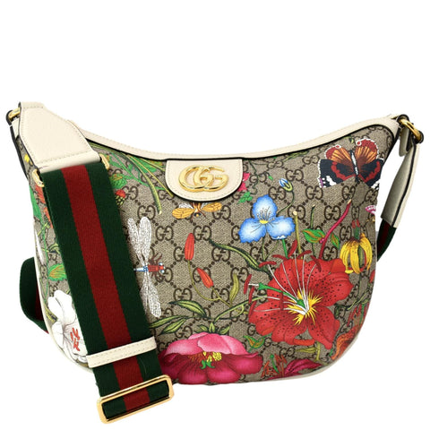 GUCCI Ophidia Half Moon Small Flora GG Canvas Hobo Bag Beige 626509
