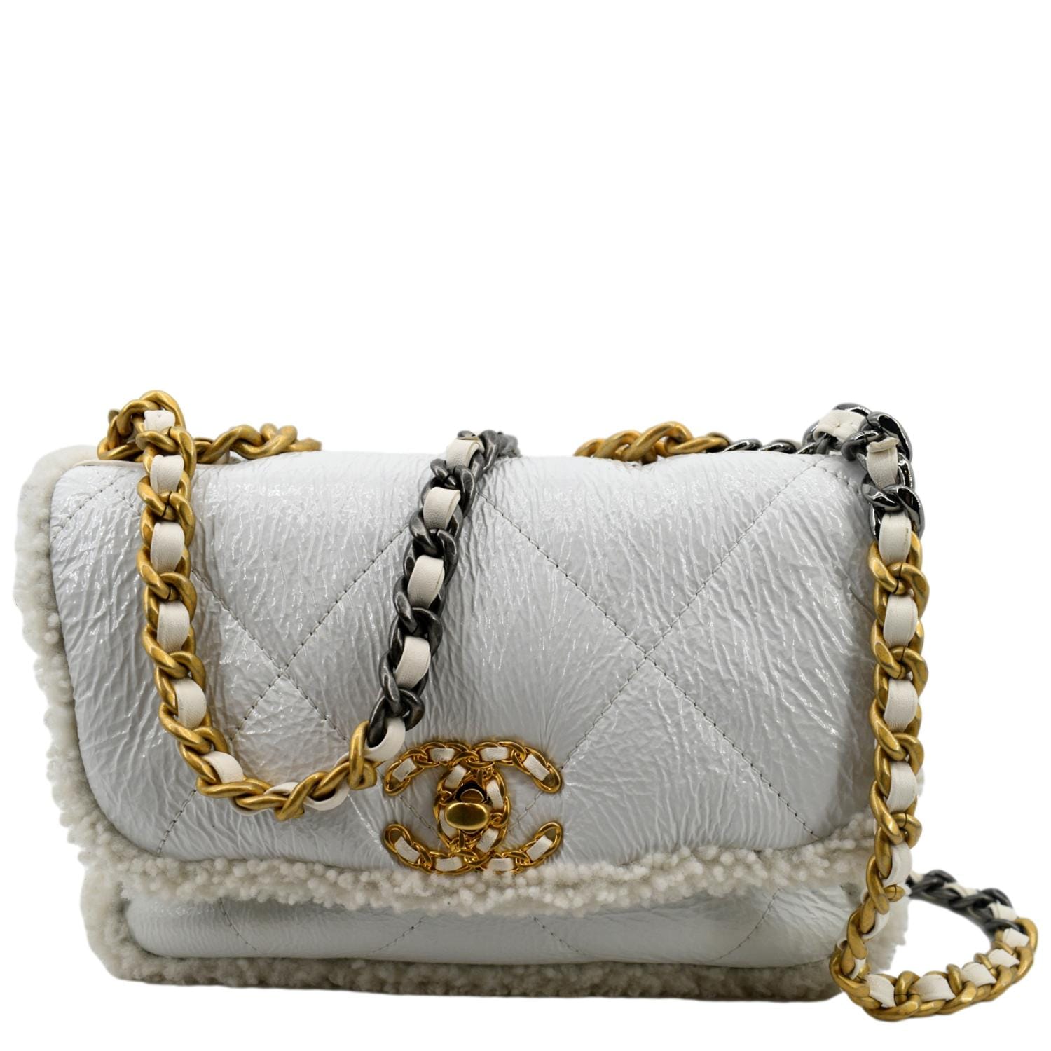 Chanel 19 Flap Shearling Patent Leather Shoulder Bag - Front