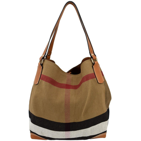 BURBERRY Check Canvas Hobo Bag Beige