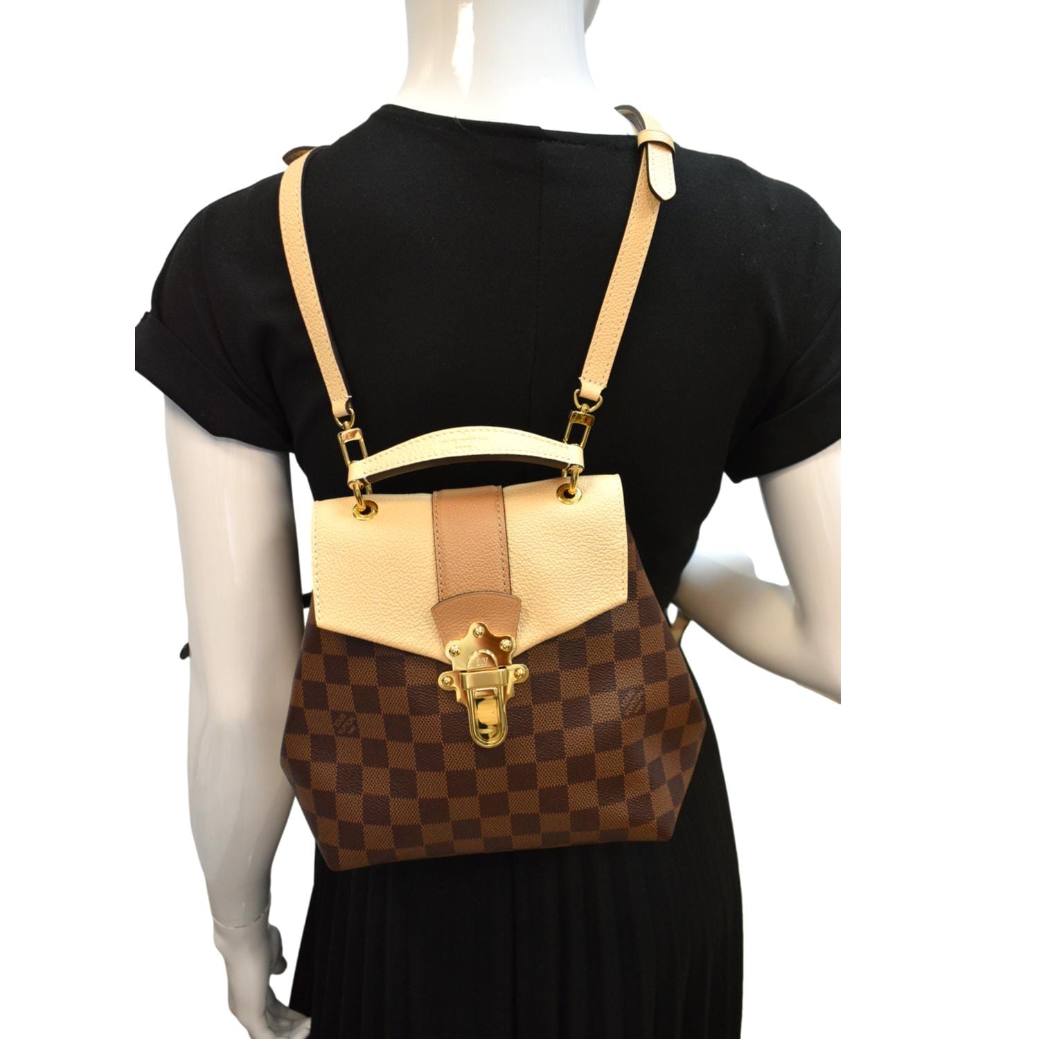 authentic louis vuitton clapton backpack damier ebene beige leather LOUIS VUITTON Clapton Damier Ebene Backpack Bag Creme Beige