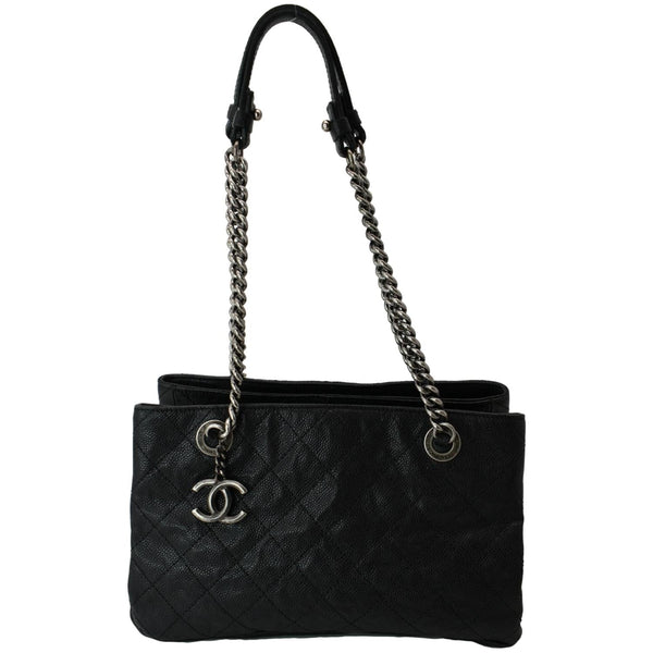 CHANEL CC Zip Diamond Embossed Leather Shopping Tote Shoulder Bag Black