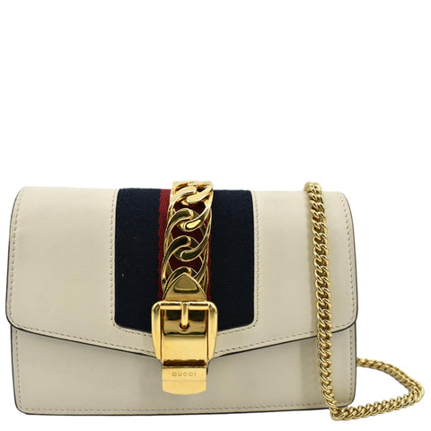 GUCCI Sylvie Super Mini Leather Crossbody Bag White 494646