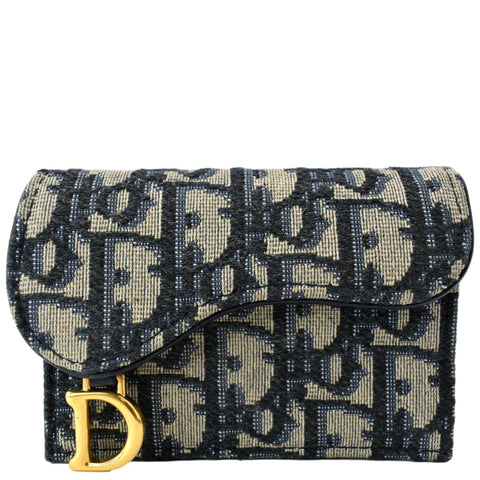 CHRISTIAN DIOR Saddle Flap Jacquard Canvas Card Holder Beige