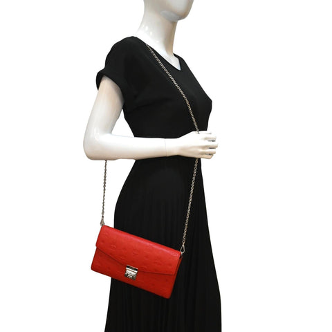 MCM Tracy Monogram Leather Chain Crossbody Wallet Red