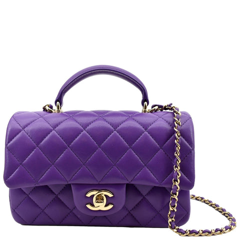 CHANEL Mini Top Handle Rectangular Flap Lambskin Crossbody Bag Purple