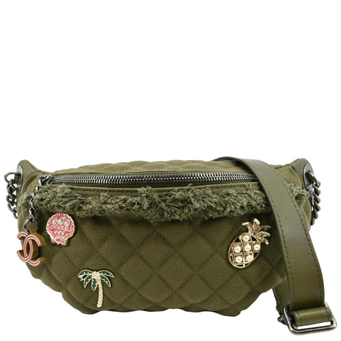 CHANEL Coco Cuba Charms Canvas Lambskin Leather Waist Bag Khaki