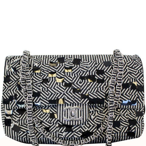 CHANEL Black/White Striped Medium Flap Shoulder Bag - Sale