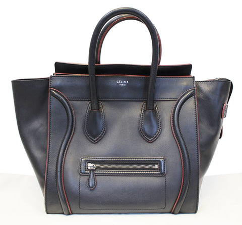 CELINE Black Red Smooth Leather Mini Luggage Tote Bag