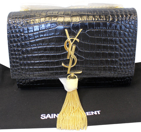 YVES SAINT LAURENT Crocodile Black Leather Chain Clutch Crossbody Bag
