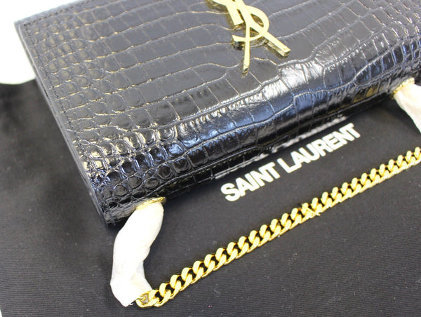 YVES SAINT LAURENT Crocodile Black Leather Chian Clutch Crossbody Bag 