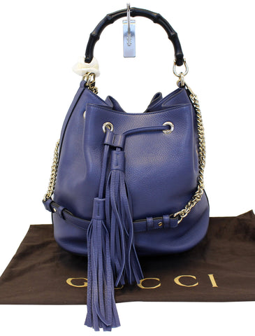 GUCCI Miss Bamboo Medium Blue Leather Bucket Shoulder Handbag