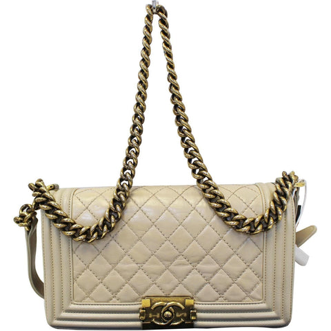 CHANEL Medium Boy Flap Quilted Leather Beige Shoulder Bag