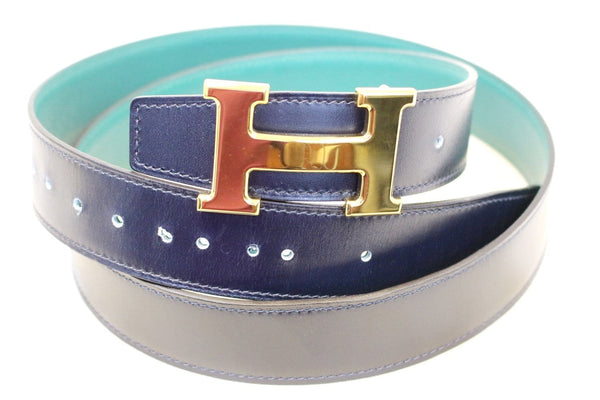HERMES Belt Constance Buckle H Reversible Blue/Aqua Size 95