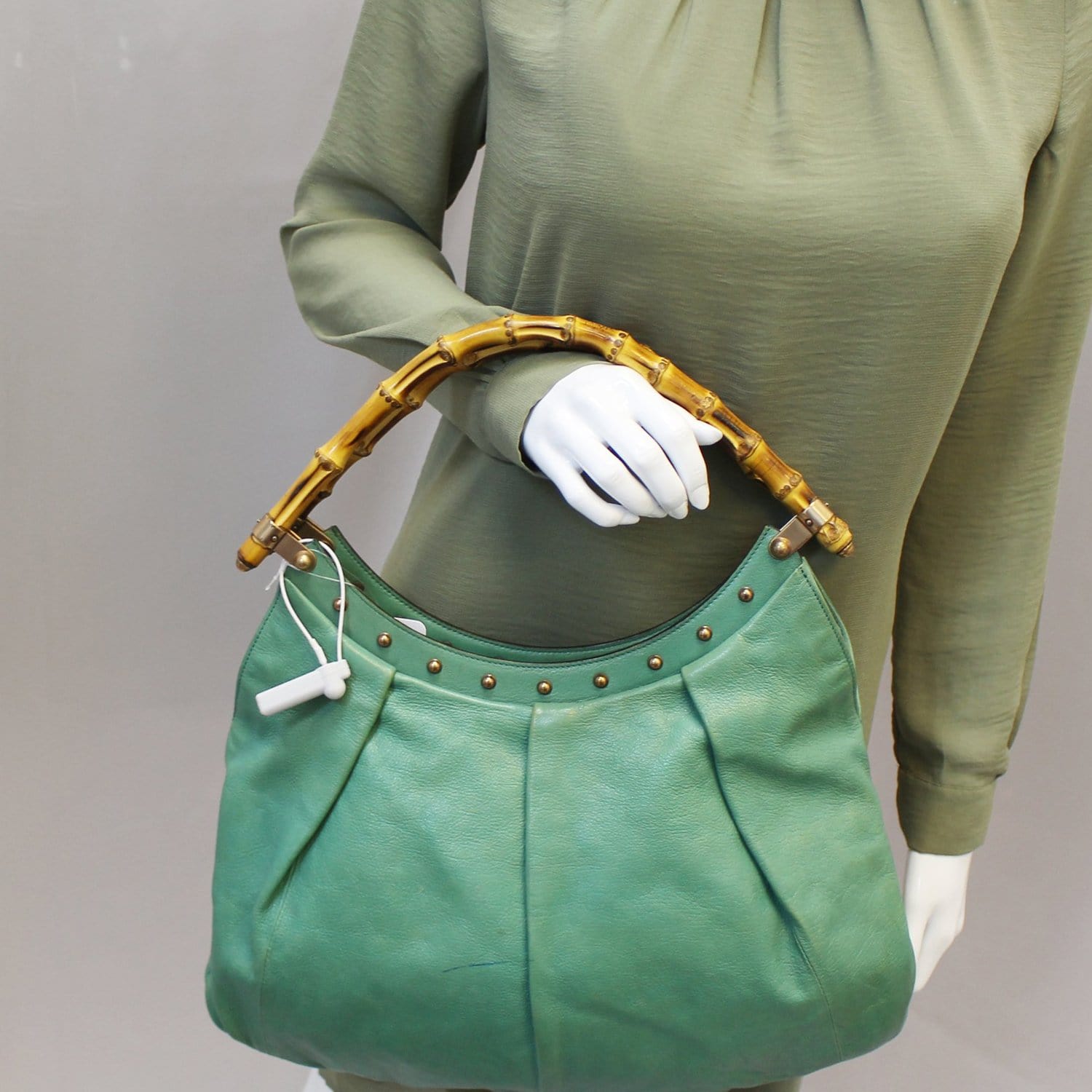 Authentic GUCCI Bamboo Shoulder Tote Bag Nylon Leather Khaki Green