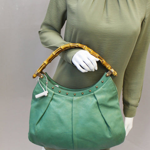 GUCCI Green Leather Bamboo Top Handle Shoulder Bag 124293