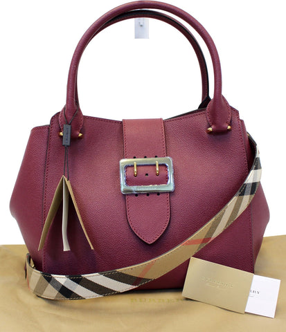 BURBERRY Dark Plum Soft Grain Leather Medium Buckle Tote Bag
