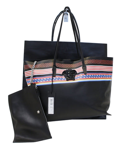 VERSACE City Strip Greek Key Leather Tote with Pouch