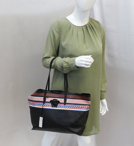 VERSACE City Strip Greek Key Leather Tote with Pouch