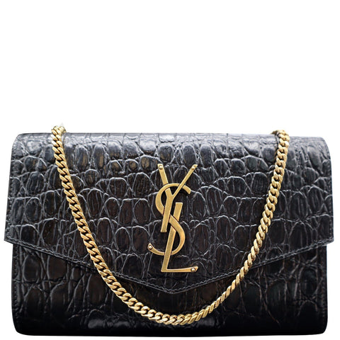 YVES SAINT LAURENT Uptown Crocodile-Embossed Crossbody Chain Wallet Black