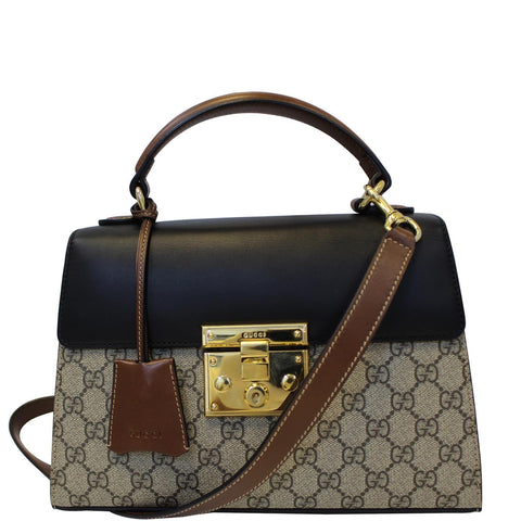GUCCI Small Padlock GG Supreme Monogram Top Handle Crossbody Bag Beige
