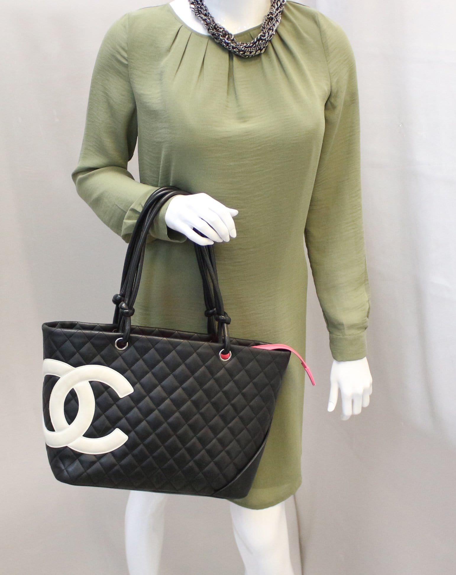 CHANEL Calfskin Quilted Large Cambon Tote Black White 1231331