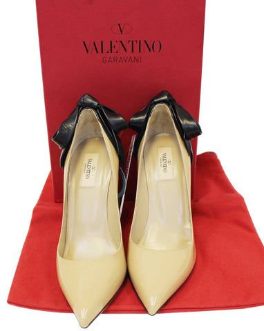 VALENTINO Patent Leather Nude and Black Bow Pumps Size 39