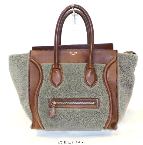 CELINE Grey Shearling Brown Leather Mini Luggage Tote Bag