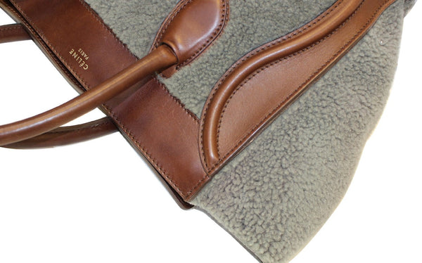 CELINE Grey Shearling Brown Leather Mini Luggage Tote Bag