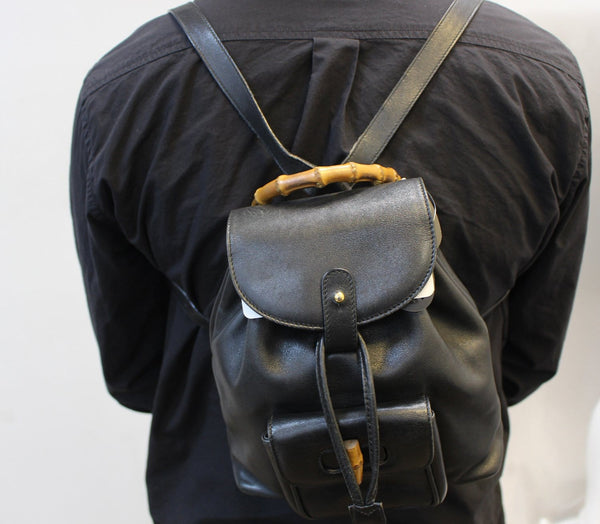 GUCCI Backpack Bamboo Black Leather Handbag