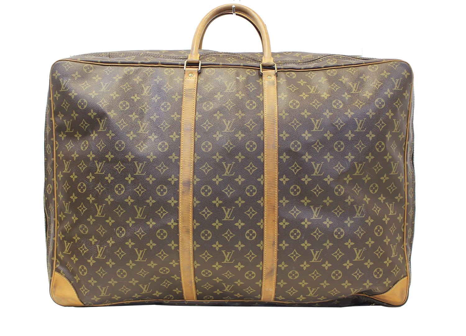 This suitcase from the luxury brand Louis Vuitton is in monogrammed canvas