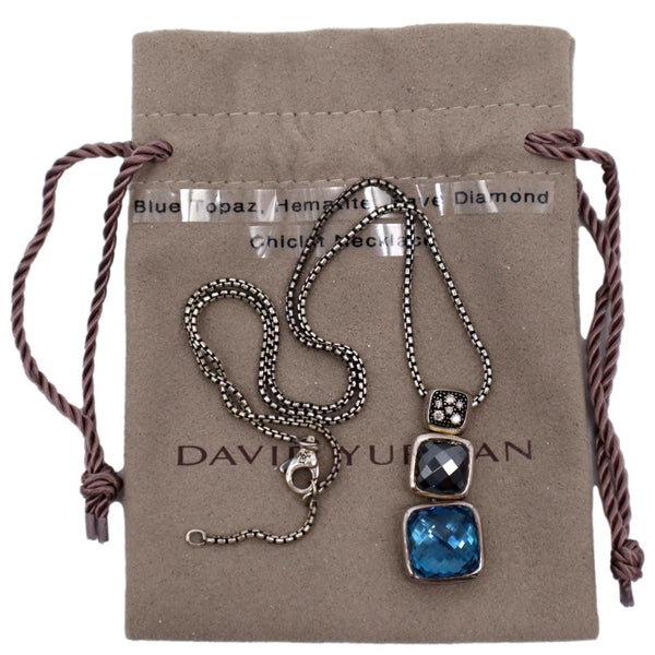 DAVID YURMAN Chiclet Small Sterling Silver Triple Drop Pendant Blue Topaz Necklace