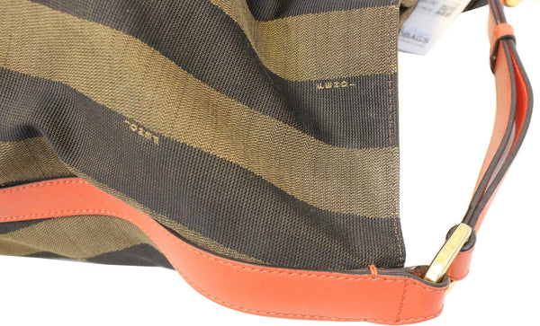 FENDI Tobacco and Red Leather Pequin Stripe Canvas Hobo Bag