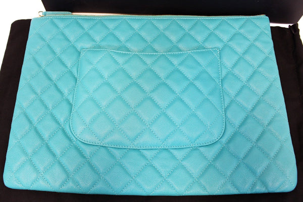 CHANEL Turquoise Leather Document Case Clutch Bag