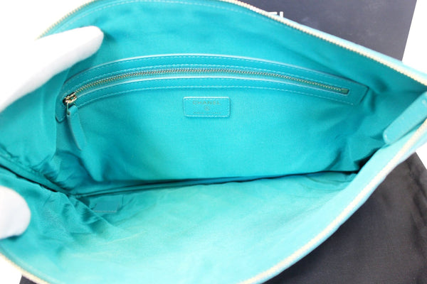 CHANEL Turquoise Leather Document Case Clutch Bag