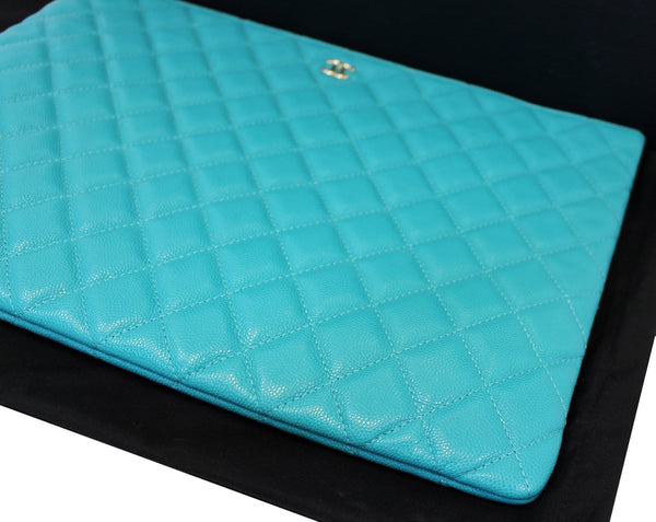 CHANEL Turquoise Leather Document Case Clutch Bag