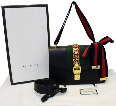 GUCCI Black Calfskin Leather Small Sylvie Shoulder Bag