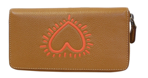 COACH X Keith Haring Heart Saddle Brown Accordion Zippy Wallet