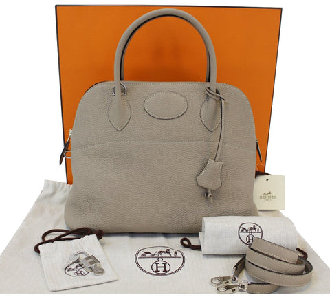 HERMES 31cm Grey Clemence Leather Palladium Plated Bolide Bag