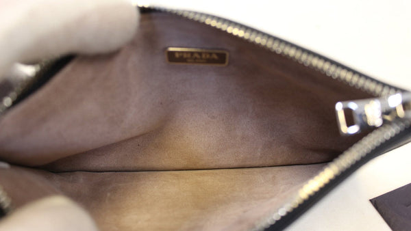 PRADA Black Leather Logo Plaque Wristlet Clutch Bag