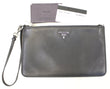PRADA Black Leather Logo Plaque Wristlet Clutch Bag